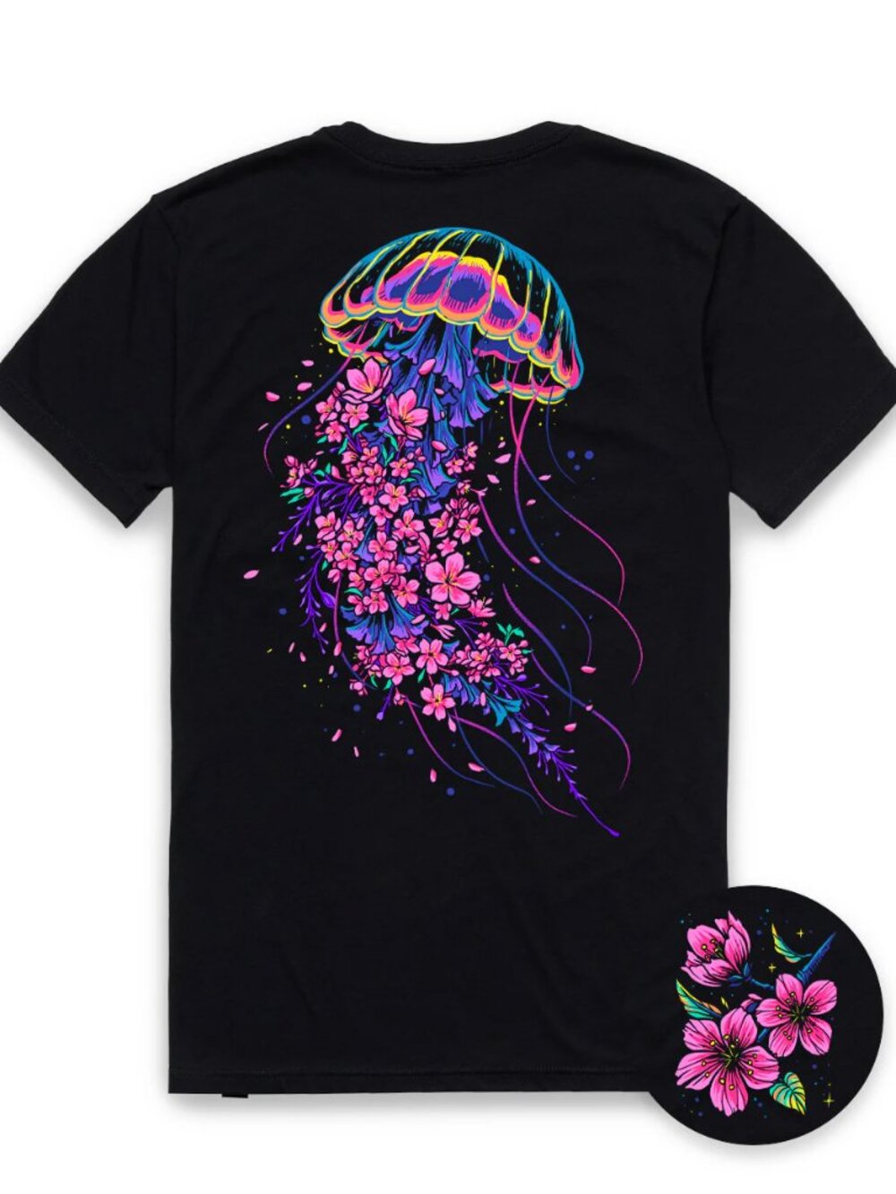 Black Neon Floral Jellyfish Graphic Tee Vibrant Ocean Nature Art Shirt
